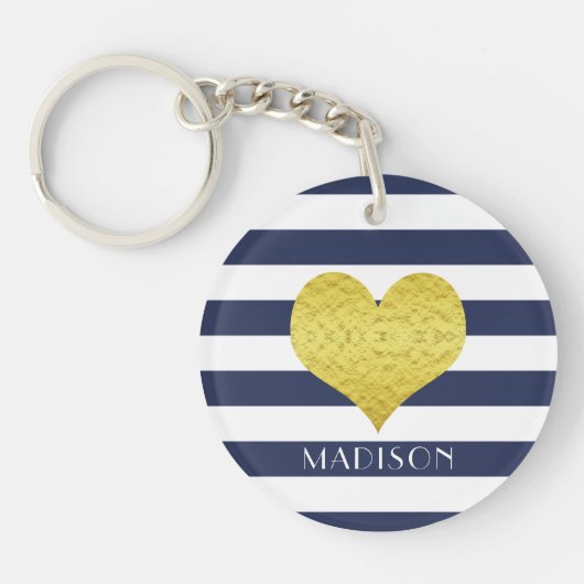Naam Gold Heart Blue White Stripes Pattern Sleutelhanger (Voorkant)