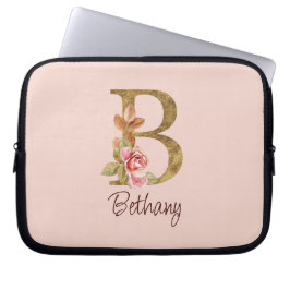 Naam Goud Folie Blush Roze Rozen Letter B Laptop Sleeve