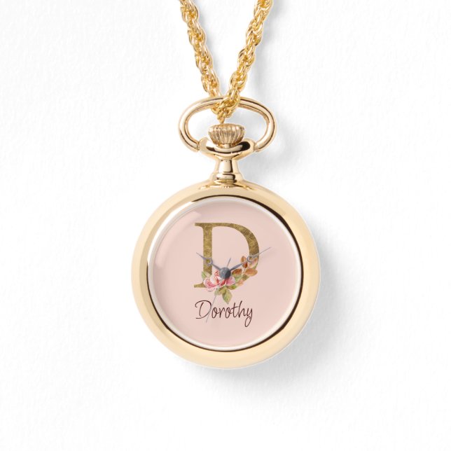 Naam Goud Folie Blush Roze Rozen Letter D Horloge (Voorkant)