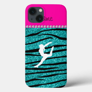 Naam gymnast turquoise glitter zebra stripes iPhone 13 hoesje