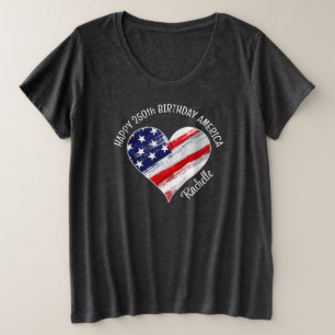 Naam Happy 250e Verjaardag Amerika Vlag Hart Grote Maat T-shirt