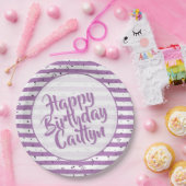 Naam | Happy Birthday Simple Stripes Pattern Aqua Papieren Bordje (Feest)