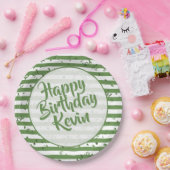 Naam | Happy Birthday Simple Stripes Pattern Green Papieren Bordje (Feest)
