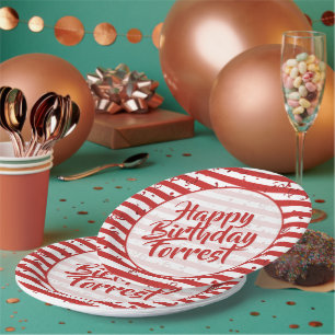 Naam Happy Birthday Simple Stripes Pattern Red Papieren Bordje