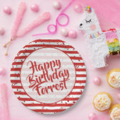Naam | Happy Birthday Simple Stripes Pattern Red Papieren Bordje (Feest)