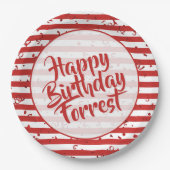 Naam | Happy Birthday Simple Stripes Pattern Red Papieren Bordje (Voorkant)