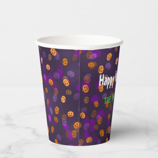 Naam, Happy Halloween Smiling Pumpkins Bokeh 8oz Papieren Bekers (Rechts)