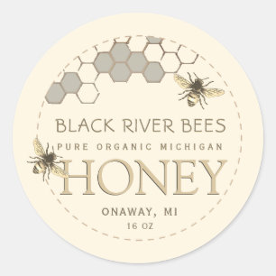 Naam Honingetiket bijen en Honeycomb Ivory Ronde Sticker
