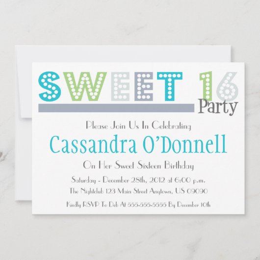 Naam in Lights Sweet 16 Party Invitations (Grey) Kaart (Voorkant)