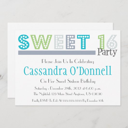 Naam in Lights Sweet 16 Party Invitations (Grey) Kaart (Voorkant / Achterkant)