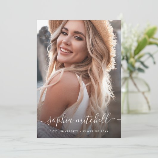 Naam in script | Blush roze foto-Afstuderen Aankondiging (Staand voorkant)