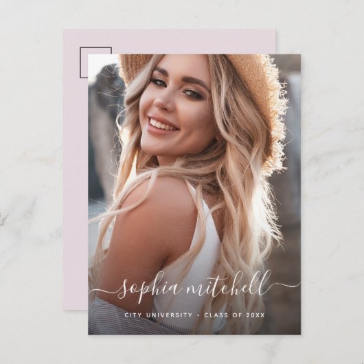 Naam in script | Blush roze foto-Afstuderen Uitnodiging Briefkaart (Voorkant / Achterkant)