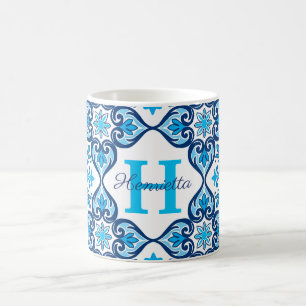 💙🤍 Naam + initiaal blauw - wit Azulejos X, Koffiemok