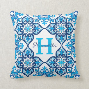 💙 🤍 Naam + initiaal blauw - wit Azulejos X, Kussen