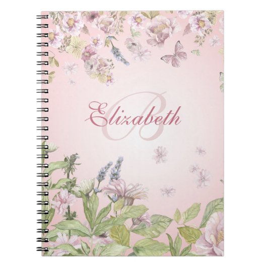 Naam + Initiaal Girly Pink Wildflower + Vlinder Notitieboek (Voorkant)