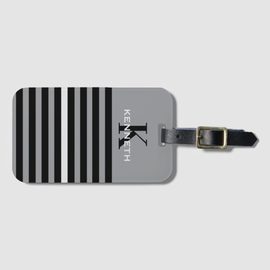 Naam, Initiaal Zwart & Grey Stripe Mannelijk Bagagelabel (Voorkant (horizontaal))