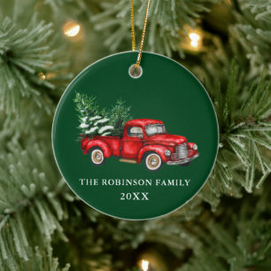 Naam Jaar Waterverf  Red Truck Trees Green Keramisch Ornament