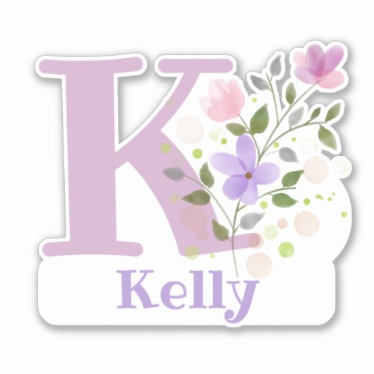 Naam Kelly & Initiaal met Floral Design Sticker (Voorkant)