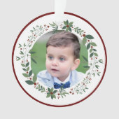 Naam Kind Foto Bourgondische Kerstkrans Ornament (voorkant)