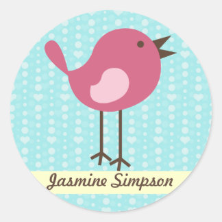 Naam Labels/Stickers Pink Bird - Blue Heart Design Ronde Sticker
