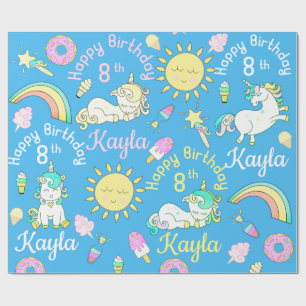 Naam & Leeftijd Eenhoorns & Regenboog Feestpatroon Cadeaupapier