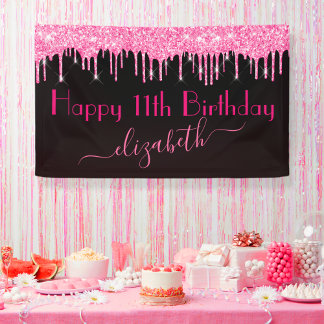 Naam Leeftijd Hot Pink Dripping Glitter Black Verj Spandoek