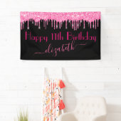 Naam Leeftijd Hot Pink Dripping Glitter Black Verj Spandoek (Insitu)