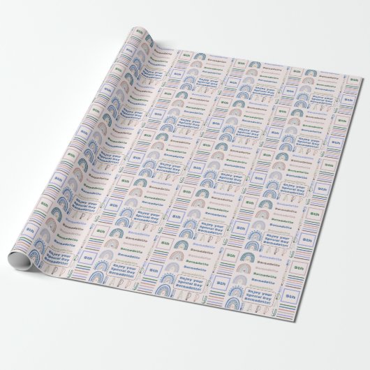 Naam Leeftijd Sentiment Boho Regenboog Roze Blauw Cadeaupapier (Uitgerold)