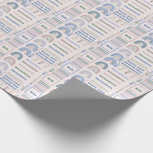 Naam Leeftijd Sentiment Boho Regenboog Roze Blauw Cadeaupapier (Hoek)