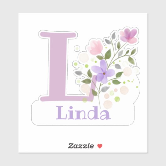 Naam Linda plus Initiaal met Floral Design Sticker (Vel)