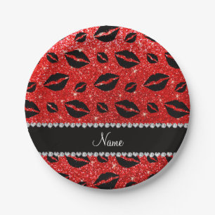 Naam lipstickisses neon red glitter papieren bordje