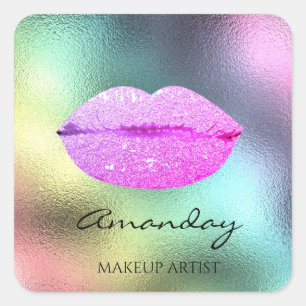 Naam Make-up Artiest Roos Lippen Roze Holografisch Vierkante Sticker