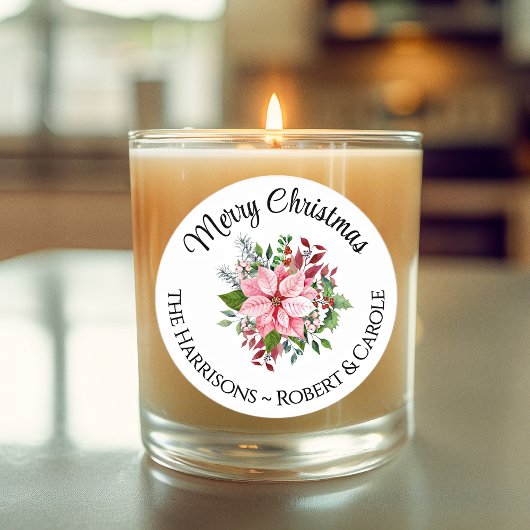 Naam Merry Christmas Pink Poinsettia Boeket 3-in Ronde Sticker