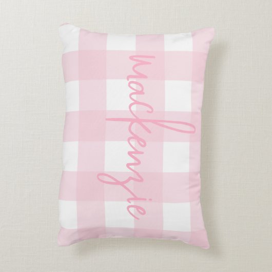 Naam met roze en witte Buffalo Check Accent Kussen (Achterkant (Verticaal))