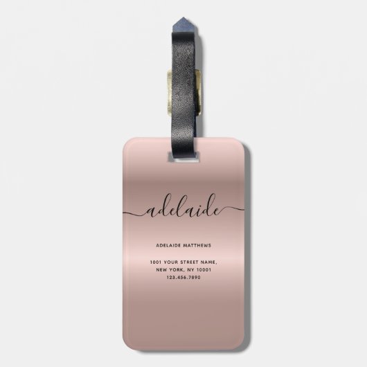 Naam modern Roos Gold Monogram Chic Girly Script N Bagagelabel (Achterkant verticaal)