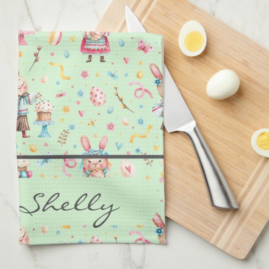 Naam, Moderne Groene Paaskeuken Handdoek (Quarter Fold)