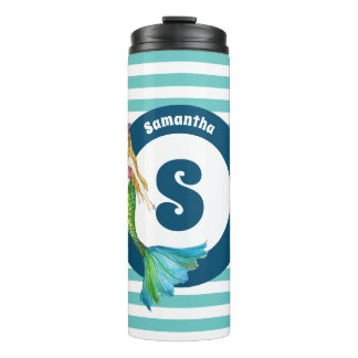 Naam Monogram Beauful Mermaid Turquoise Stripes Thermosbeker