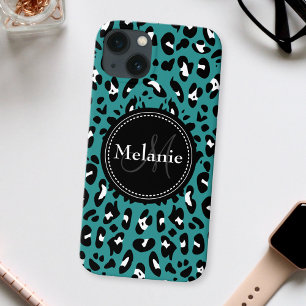 Naam Monogram Blauwgroen Zwart Witte Leopard Patro iPhone 13 Hoesje