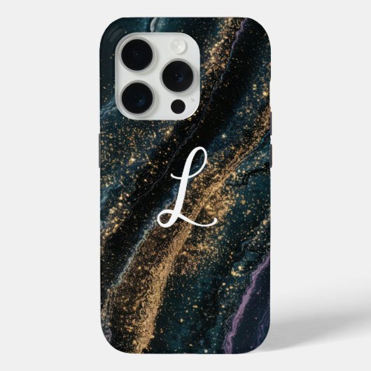 Naam Monogram Donker Zwart Glitter Case-Mate iPhone Case (Achterkant)