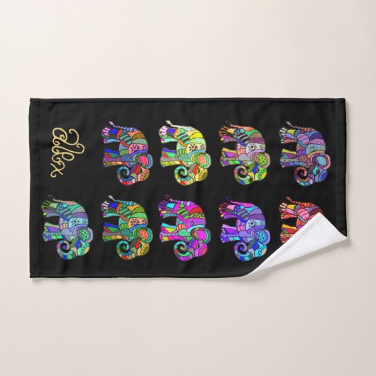Naam/Monogram Elegant Black Elephant Lover Handdoek (Handdoek)