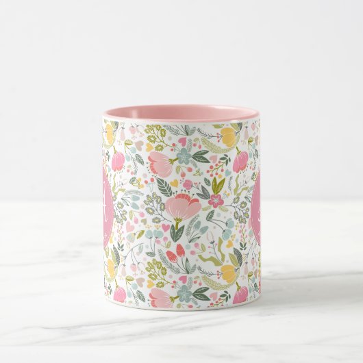 Naam monogram elegant girly schattig patroon roze mok (Midden)