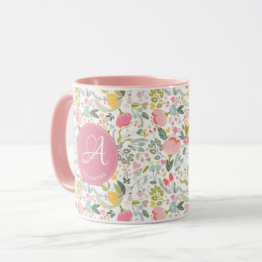 Naam monogram elegant girly schattig patroon roze mok (Voorkant links)
