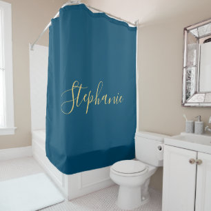 Naam Monogram Gold Blue Classy Elegant Custom Douchegordijn