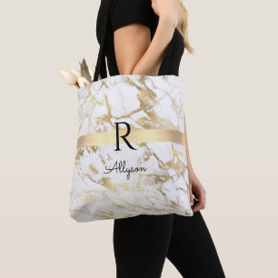 Naam & Monogram, Gouden Staaf, Wit & Gouden Marmer Draagtas