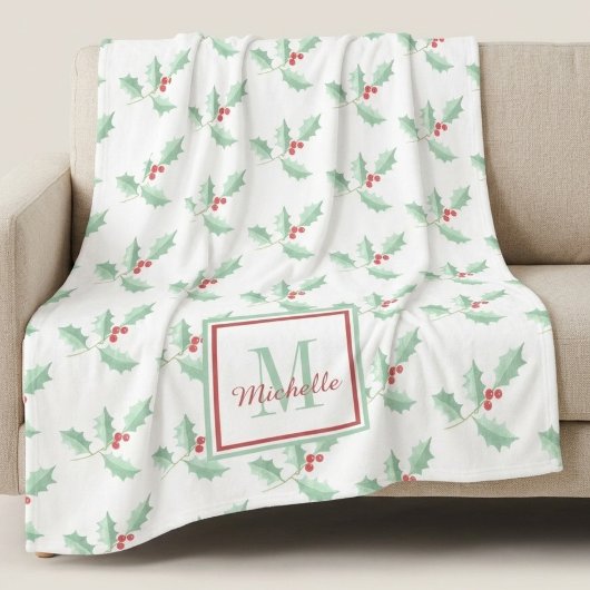 Naam Monogram Kerst Holly Fleece Deken
