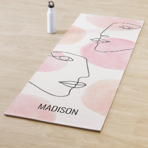 Naam Monogram Lijntekening Gezichten Roze Yogamat
