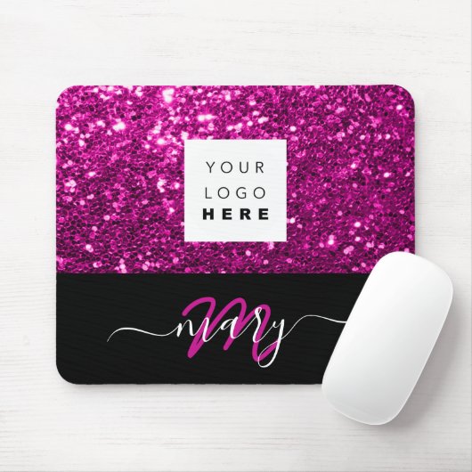 Naam Monogram Minimale Roze Glitter Logo Muismat (Met muis)