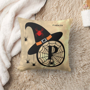 Naam Monogram P Halloween Sky Witch Spiders Kussen