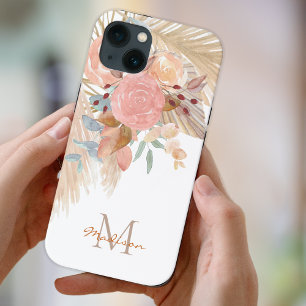 Naam Monogram Pampas Grass Blush Pink Floral iPhone 13 Hoesje