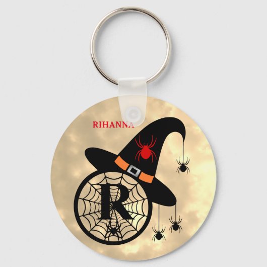Naam Monogram R Halloween Sky Witch Spiders Sleutelhanger (Voorkant)
